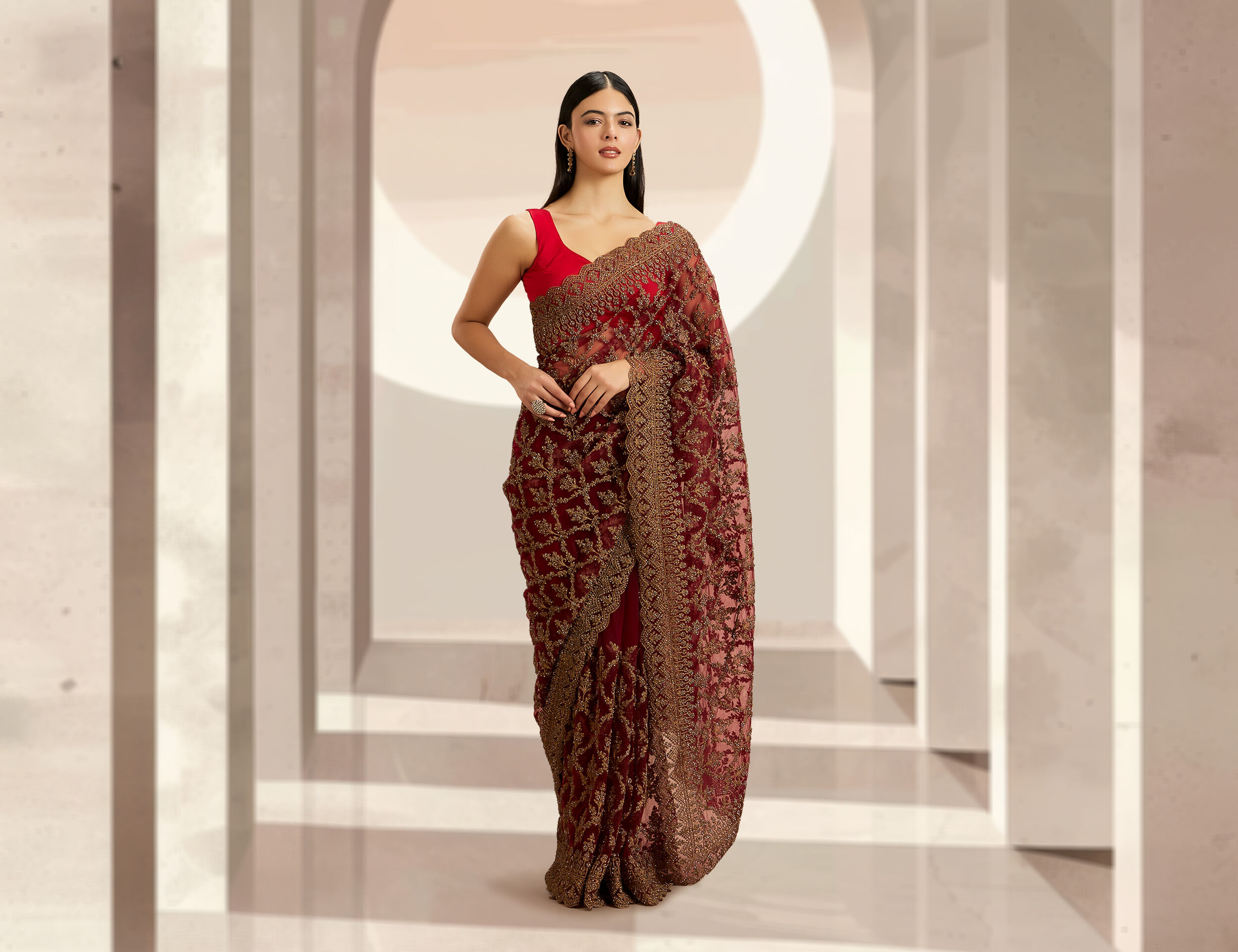  A beautiful woman in a red sequin saree